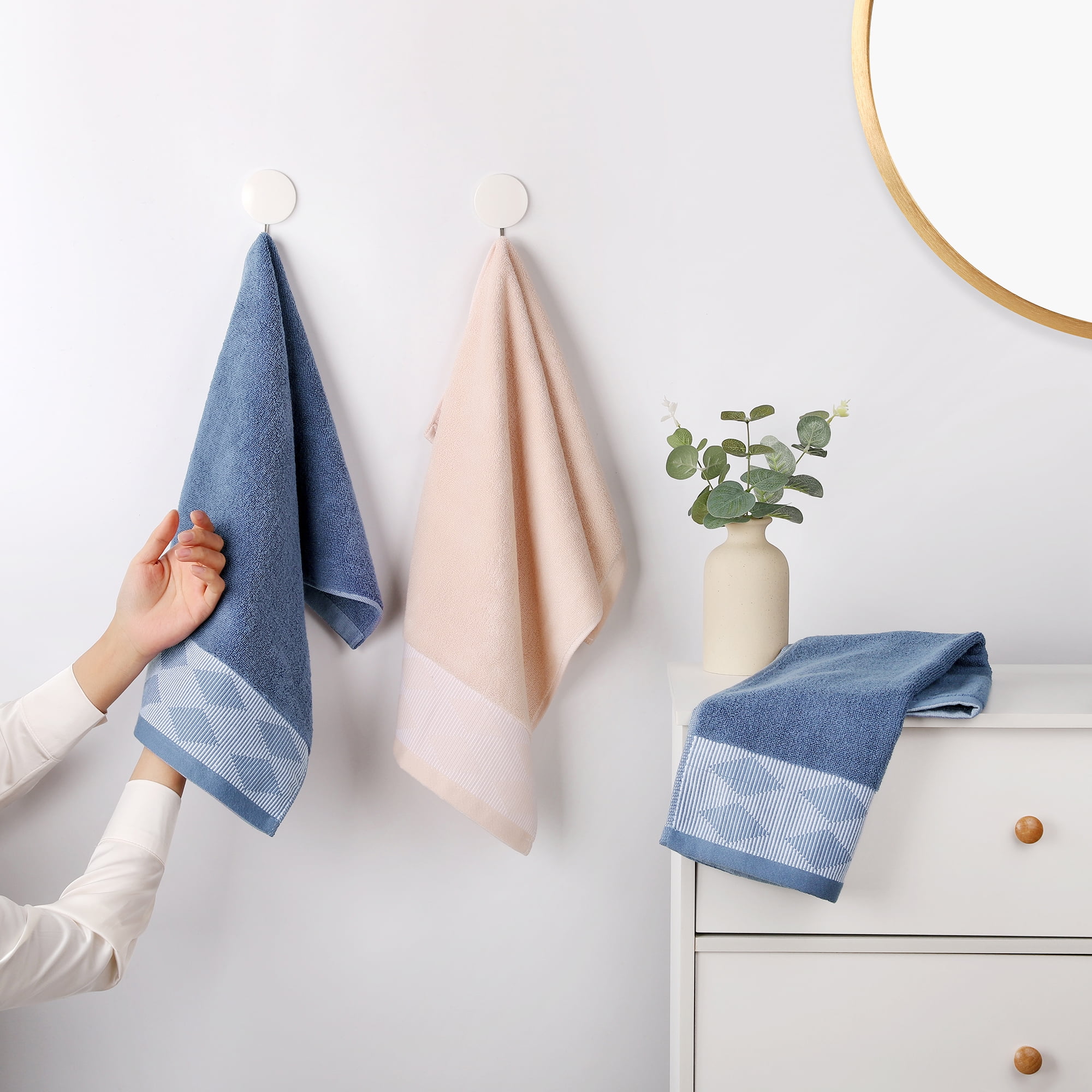 REGALWOVEN Diamond Patterned Hand Towel, Thick Cotton Absorbent Face Soft Towels for Spa, Bath, Gym, Kitchen Blue 4-Piece