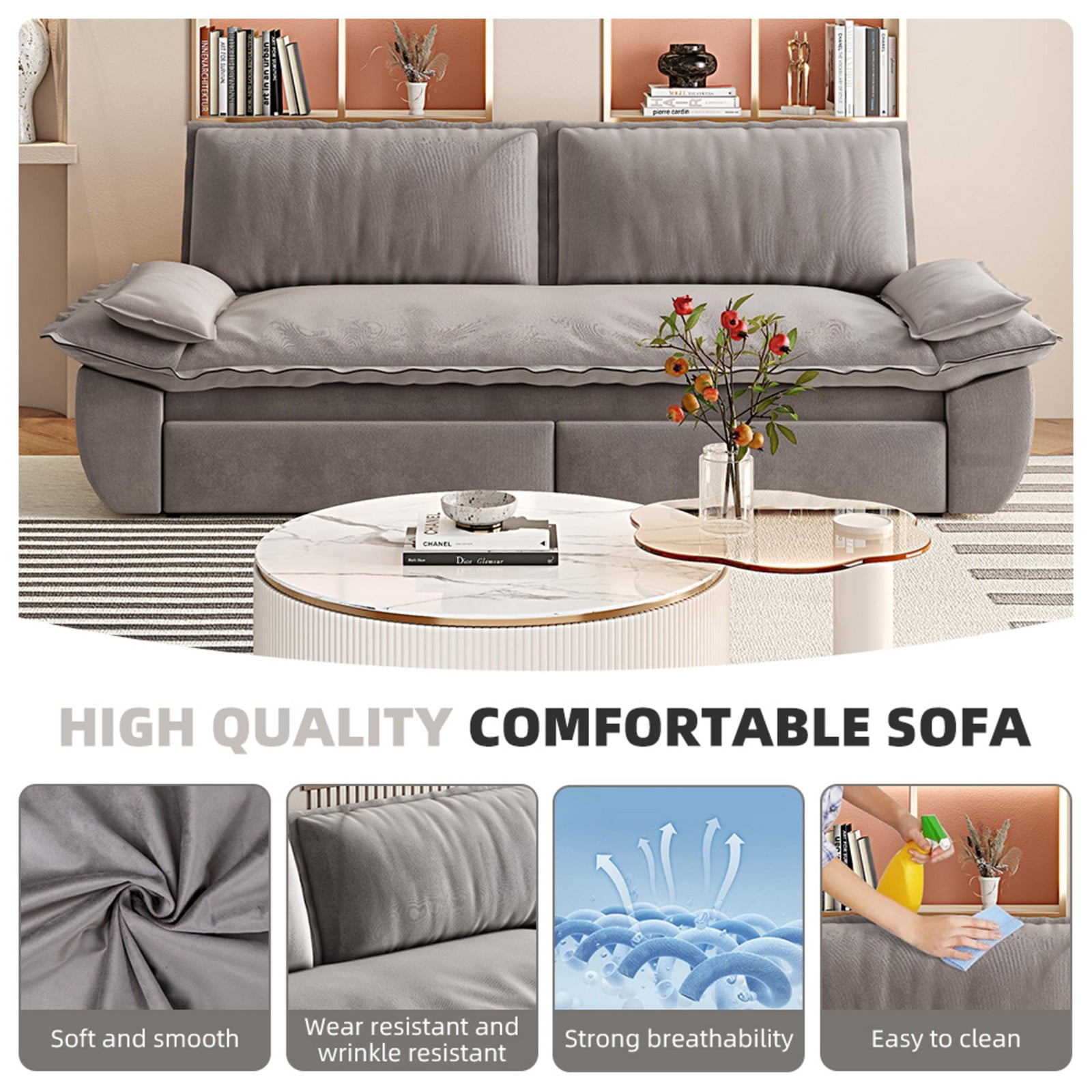 Firscook 73.2" Queen Pull Out Sofa Bed, Velvet Convertible Sleeper Couch for Small Spaces, Gray