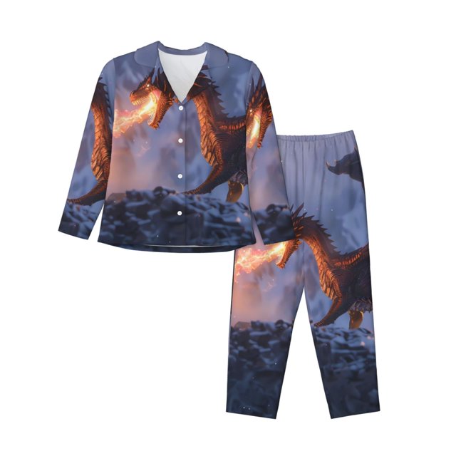 Fotbe Winter Fire Dragon Conjunto de Pijama de Manga Larga para Mujer con Estampado, Ropa de Dormir de 2 Piezas, Conjunto de Casa Suave y Cómodo con Bolsillos-Small