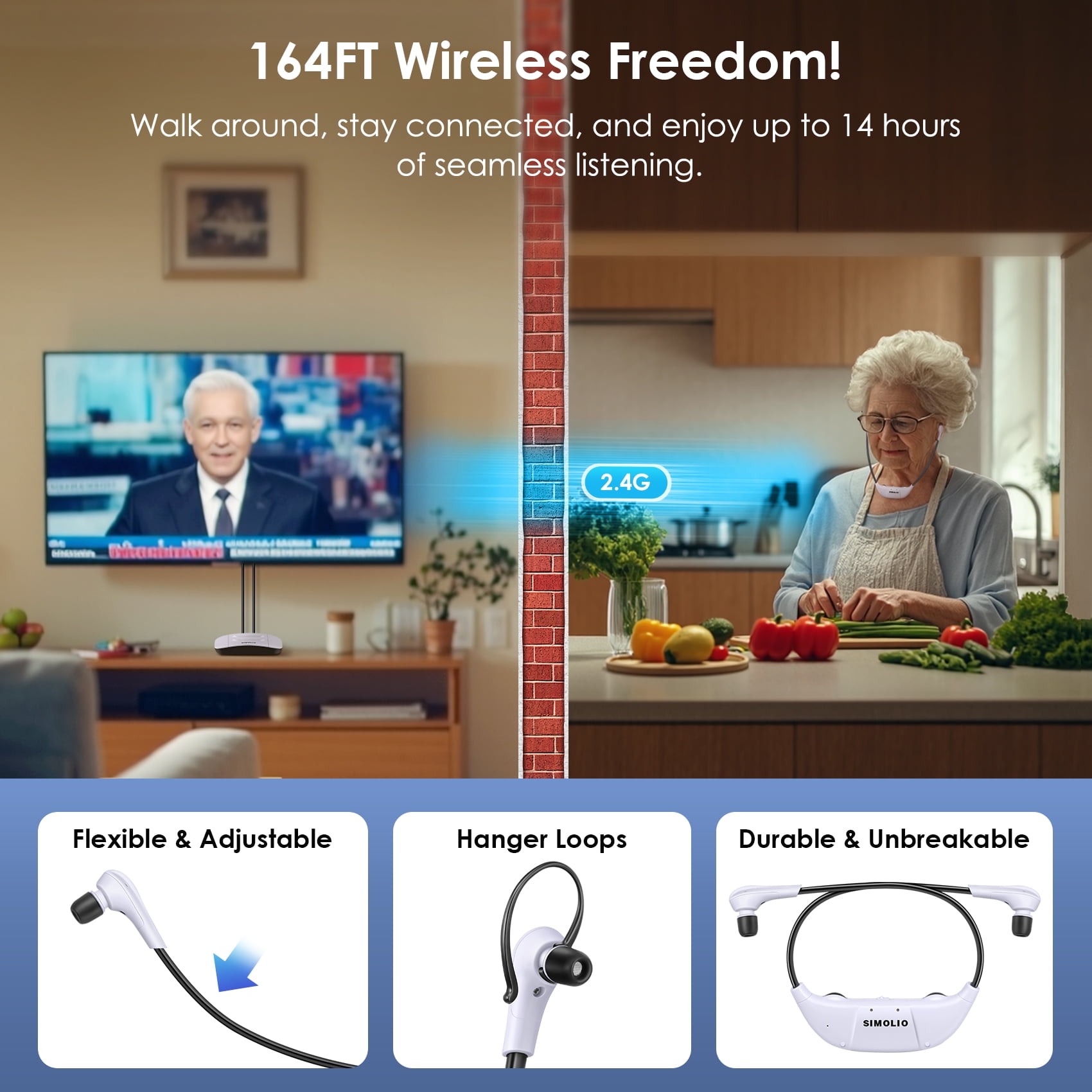 SIMOLIO Wireless TV Headphones with 2.4G Digital  Transmitter Charging Dock, Wireless Headphones for TV Watching with Tone & Balance Control for Seniors, Optical/RCA/AUX, 164ft, SM-824D1-W (New)