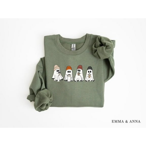 Cute Spooky Coffee Sweatshirt, Ghost Halloween Crewneck, Fall Shirt for Women, Cozy Graphic Sweater