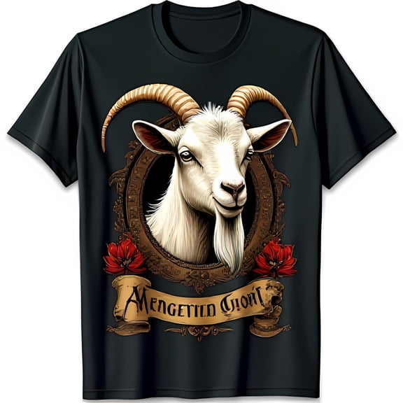 Stylish Black T-Shirt with White Goat Graphic & Gold Ornate