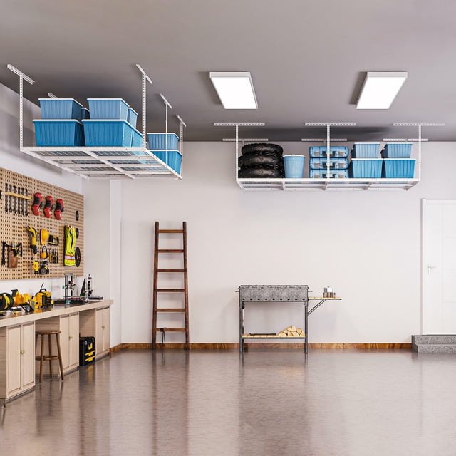 4X8ft Overhead Ceiling Mounted Garage Shelves, Heavy Duty Height Adjustable Garage Storage Rack, 550lbs Weight Capacity, White