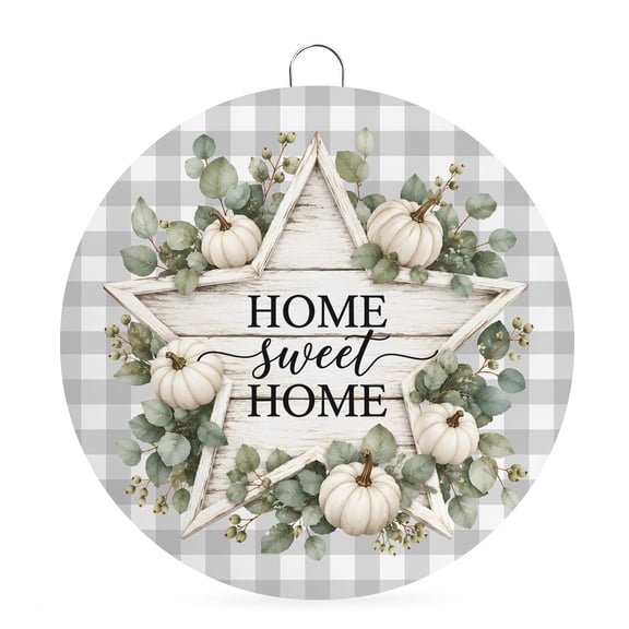 Welcome Sign for Front Door, Eucalyptus Star Fall Round Metal Wall Art Wreaths, Pumpkins Thanksgiving Grey Checked Outdoor Indoor Wall Hanging Sign for Porch Decor Housewarming Gifts 5.9 Inch