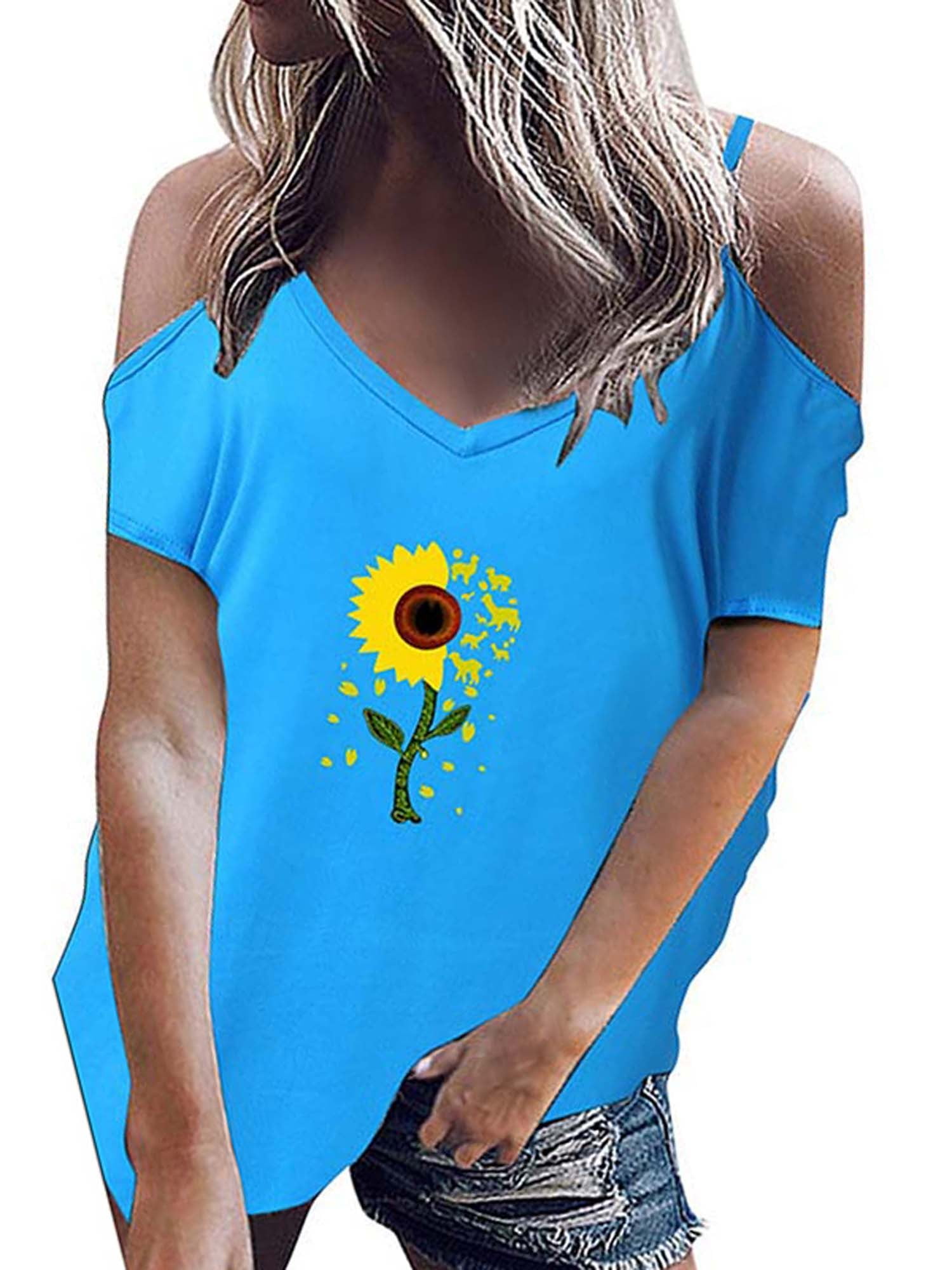 Wodstyle Women's Floral T Shirts Cold Shoulder Short Sleeve Summer
