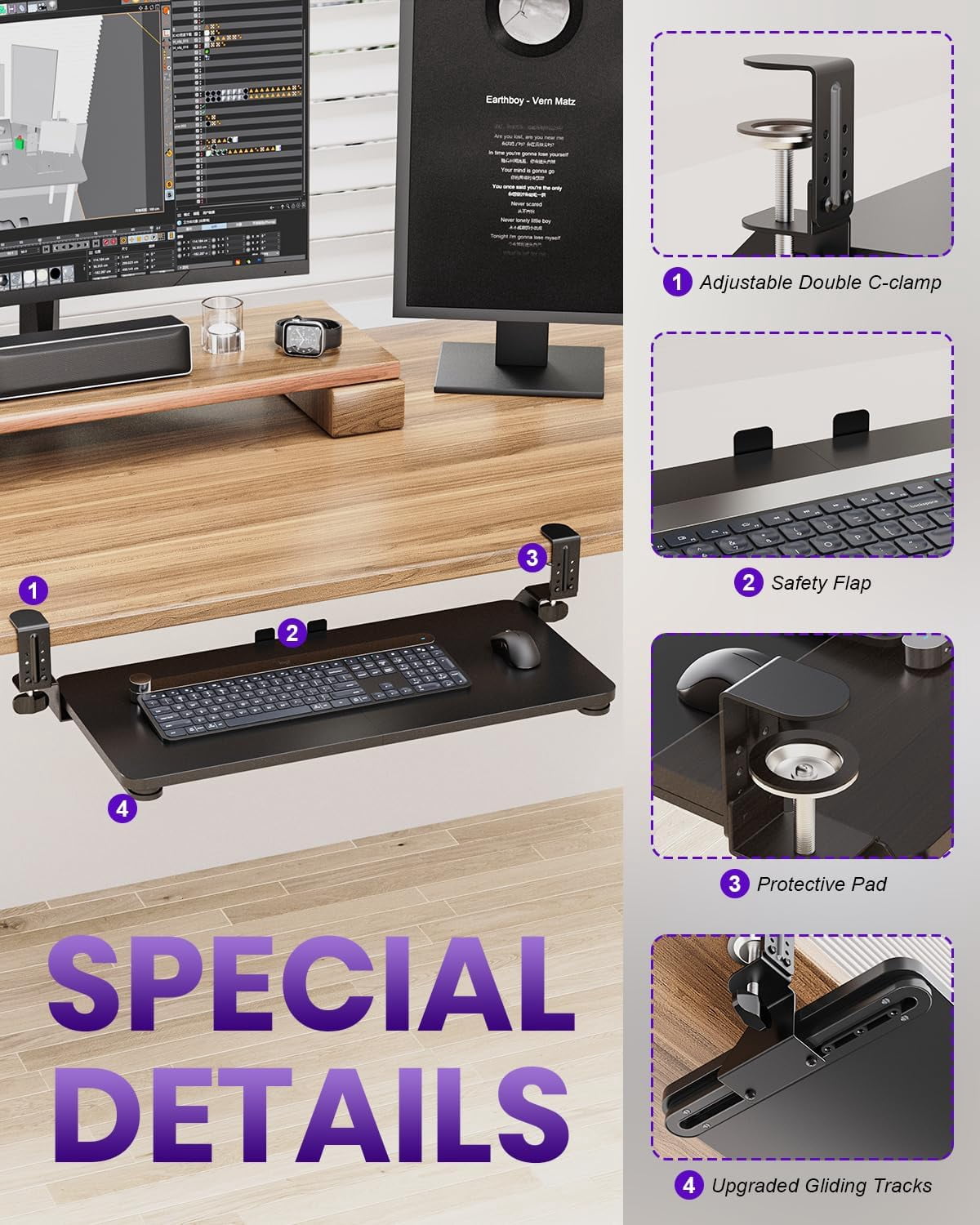 Ergonomic Keyboard Tray Under Desk, Pull Out with Adjustable C-clamp, 25.6 (31.5 Including Clamps) x 11.8 Inch Slide Out Computer Keyboard Drawer Mouse Tray for Typing