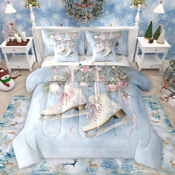 Homewish Cartoon Ice skates Twin Bedding Sets 7-Piece for Teen, Rose Flower Floral Bedding Comforter Set, Princess Style Reversible Sheet Sets, Lightweight Room Decor