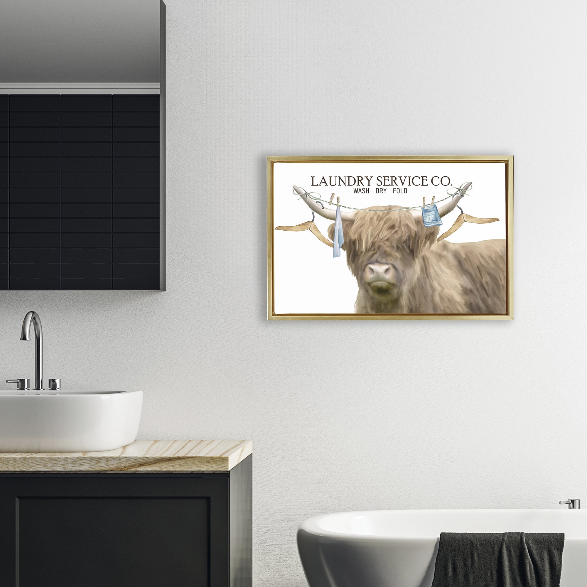 Laundry Service Cattle Gold Framed Floater Canvas Wall Art, design by Kim Allen