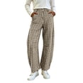 thumbnail image 2 of Women's Daily Wear Pants Summer Fashion Trousers Plaid Curved Barrel Leg Pants Elastic Waist Button Zipper Casual Long Pants Brown XL, 2 of 8