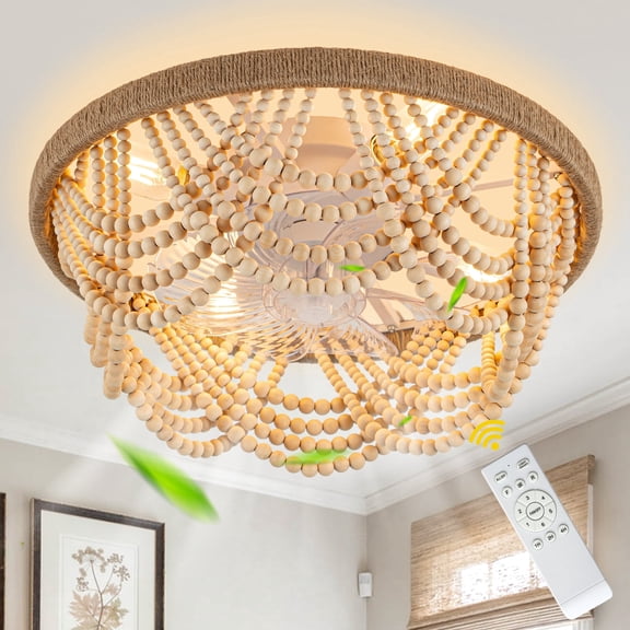 Chords Attic 20" Boho Flush Mount Ceiling Fan with Light and Remote, Farmhouse Wood Bead Fandelier Ceiling Fans for Bedroom, Living Room