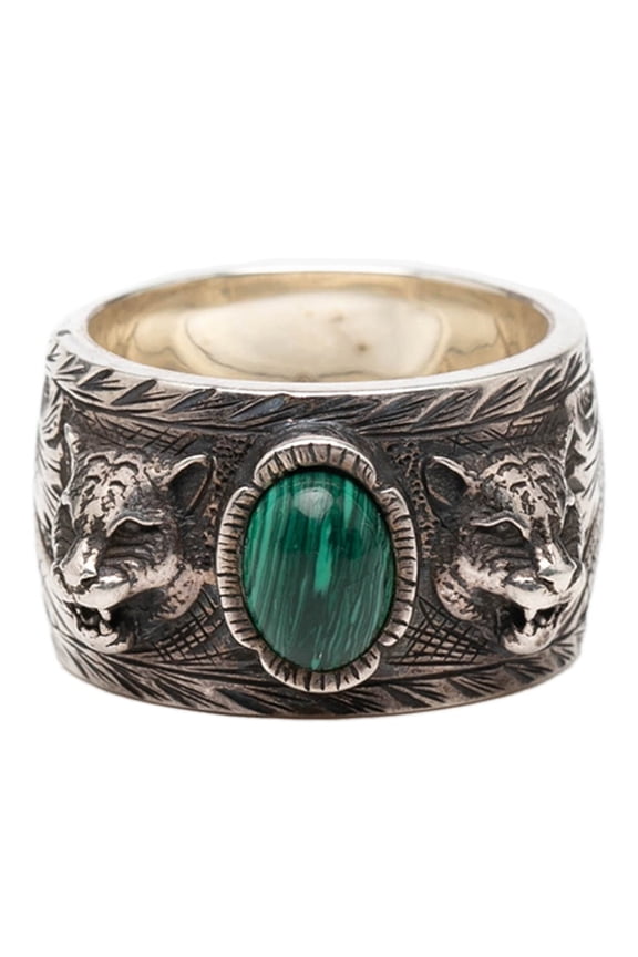 Pre-Owned Gucci Tiger Head Garden Ring, Size 23, Silver, Green, SV925, Malachite, Men's, GUCCI