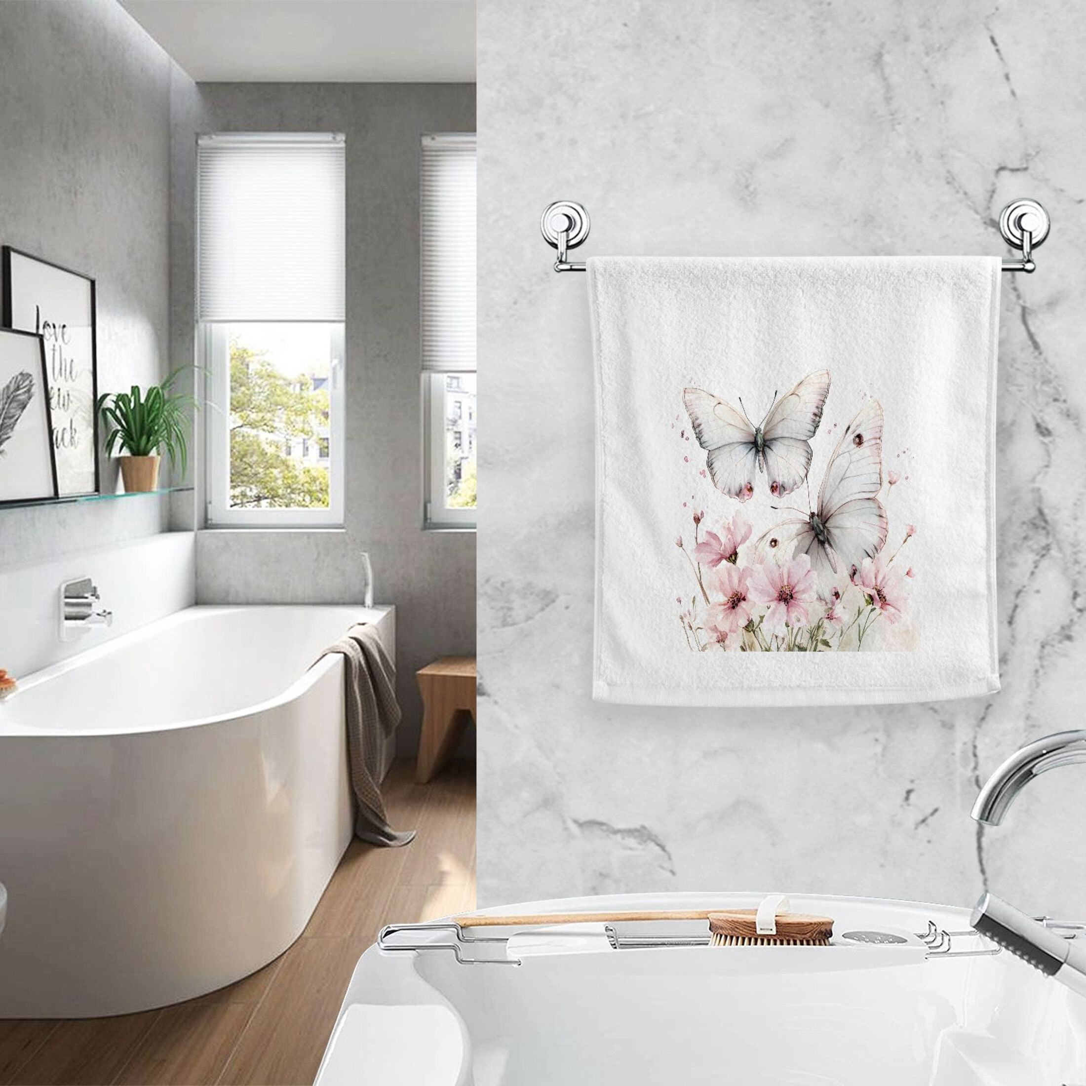 Watercolor Butterflies Flower Hand Towels Set for Bathroom Cotton Face Towel Decorative 15.5x29.5 inch