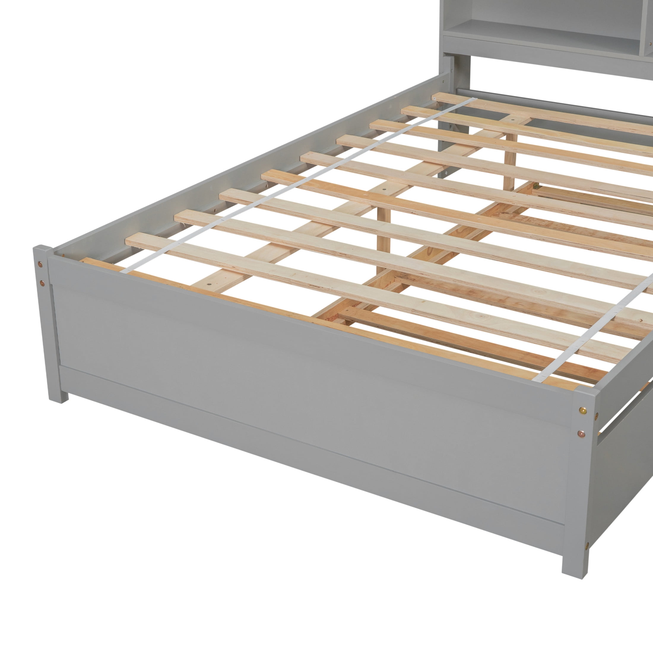Noble House Katen Full Bed with Extra Trundle and Bookcase Storage, Pine Wood Platform Bed with Bookshelf, Gray