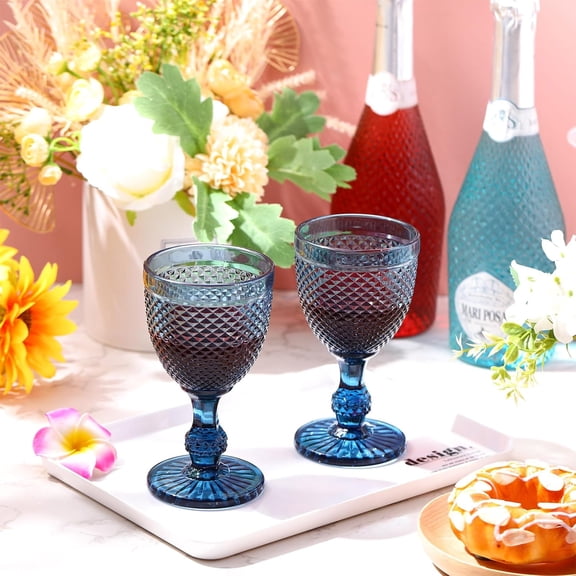 12 Pack Blue Glass Goblets Set 10 oz High Clear Wine Glass Vintage Water Goblets Cups Embossed Diamond Design Glassware with Stem for Drinking Juice Liquor Party Wedding Bar