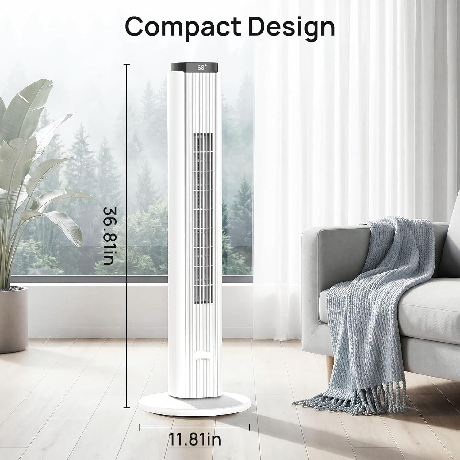 Moifoi 37 inch Tower Fan for Home, 80°Oscillating Bladeless Standing Floor Fan for Large Room, 6Speeds 4 Modes ,12H Timer with Remote,White
