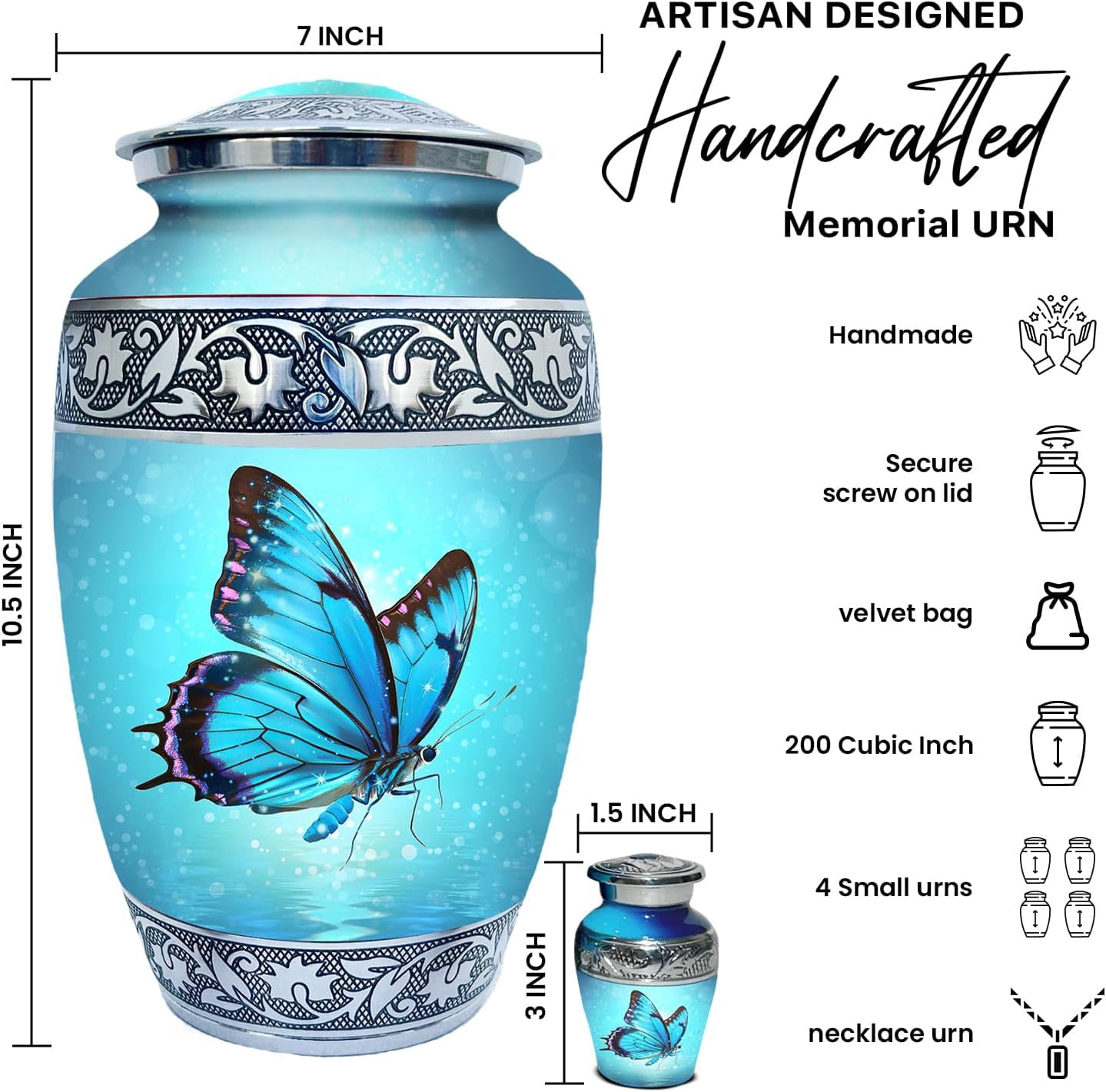 Set of 6 Butterfly Decorative Cremation Urns for Ashes for Women & Men Includes 1 Large Urn with 4 Small Keepsakes & 1 Necklace