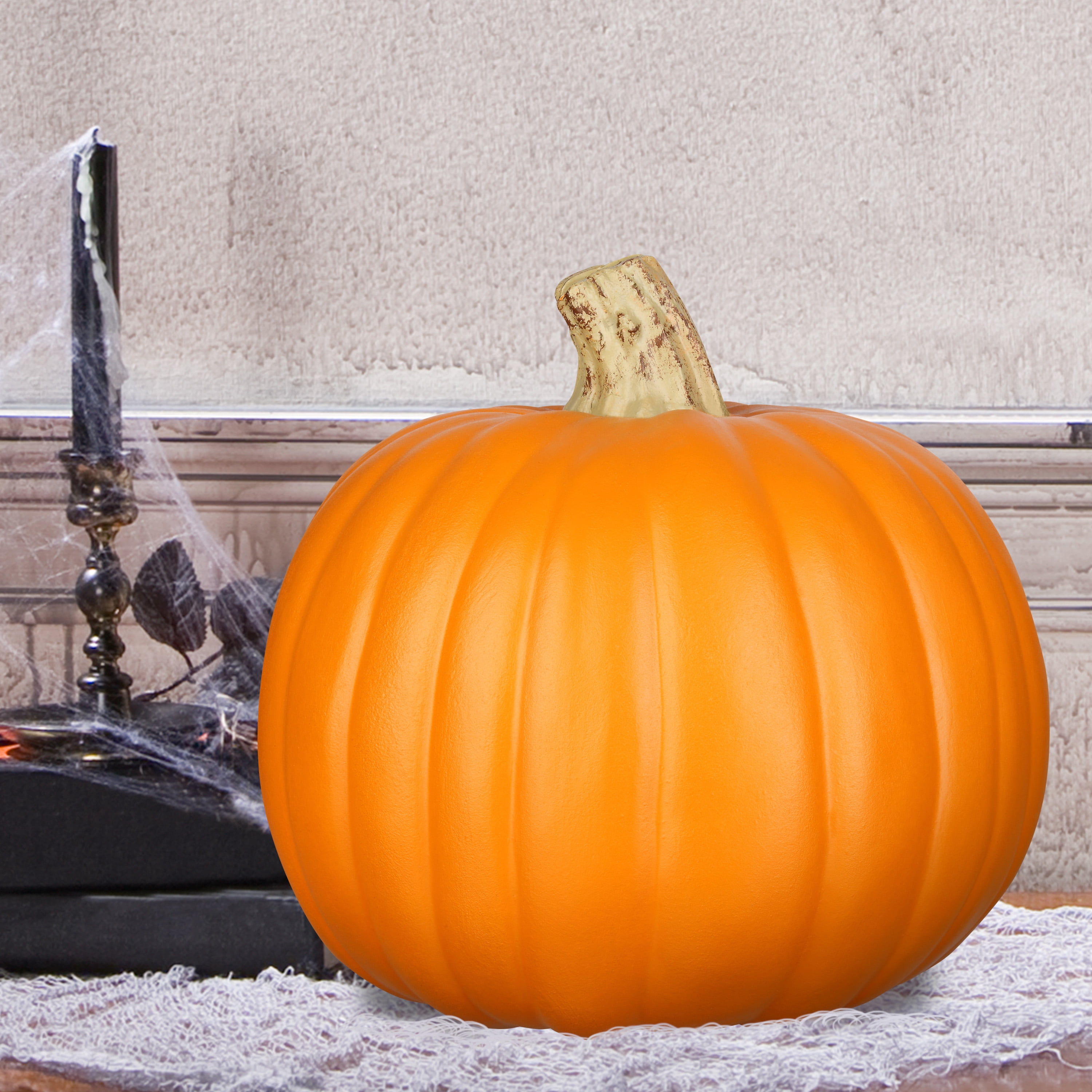 9-Inch Round Crafted Orange Pumpkin with Natural Stem for Outdoor Decor