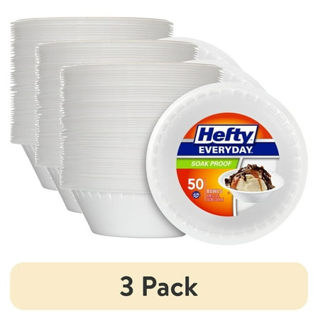 (3 pack) Hefty Everyday Soak-Proof Foam Bowls, White, 12 ounce, 50 Count