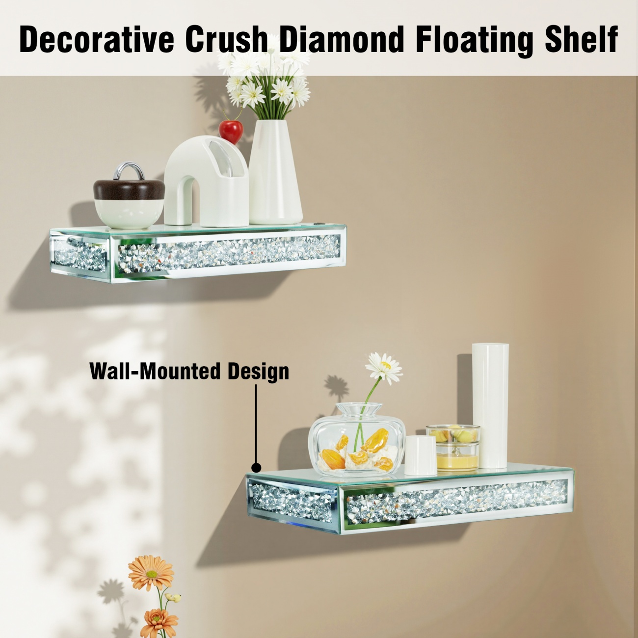 LUVODI Silver Crushed Diamond Wall Floating Shelf Luxury Mirrored Storage Shelf Home Decoration