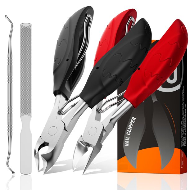 Cortauñas para uñas de los pies gruesas para personas mayores | Juego de cortaúñas ergonómico de 4 piezas con mango largo antideslizante y agarre suave para uñas de los pies gruesas | Cortauñas súper