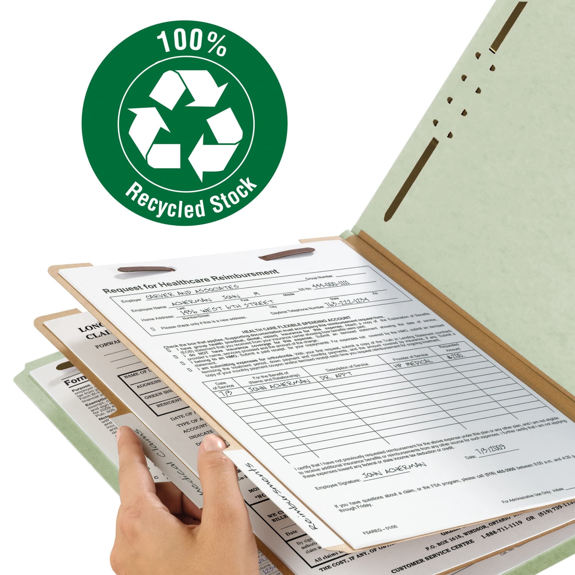 Smead® Pressboard Classification Folders, 2 Dividers, Letter Size, 100% Recycled, Gray/Green, Box Of 10