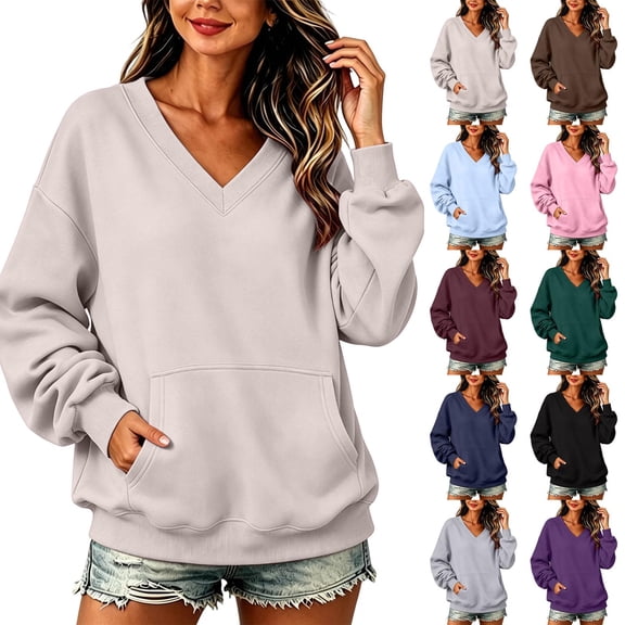 VV AVEORS Womens V Neck Sweatshirt With Pockets Hoodless Hoodies Fleece Pullover Dressy Casual Loose Fit Long Sleeve Tops Beige M