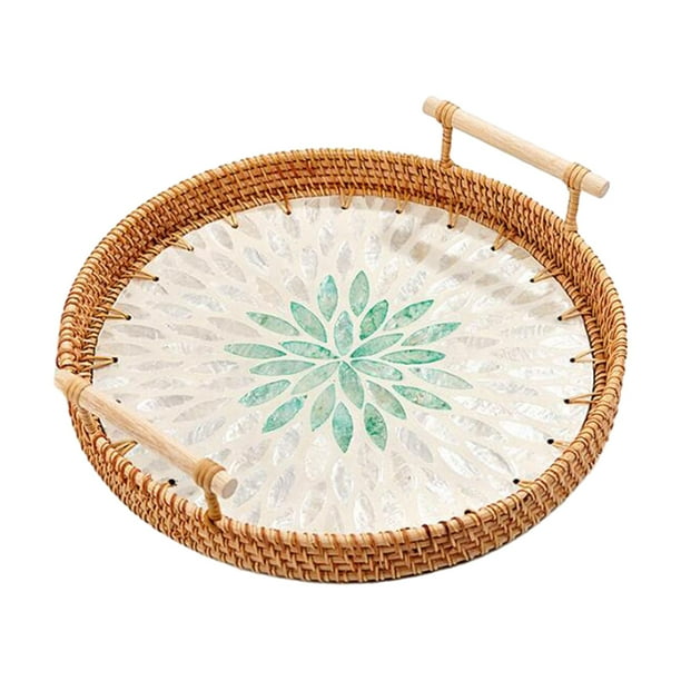 Bandeja redonda de ratán tejido con asas para servir, decorativa y para fiestas. 24cm