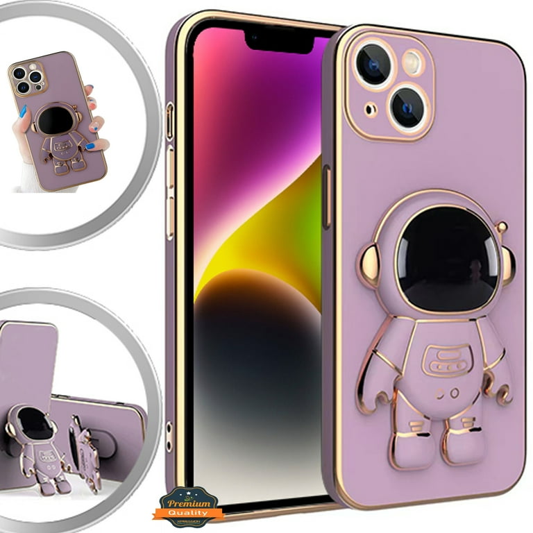Cute Astronaut Phone Case for iPhone 14 11 12 13 Pro Max Pro Designer Phone  Cover for Women Men,with Hidden Stand Case,Purple 