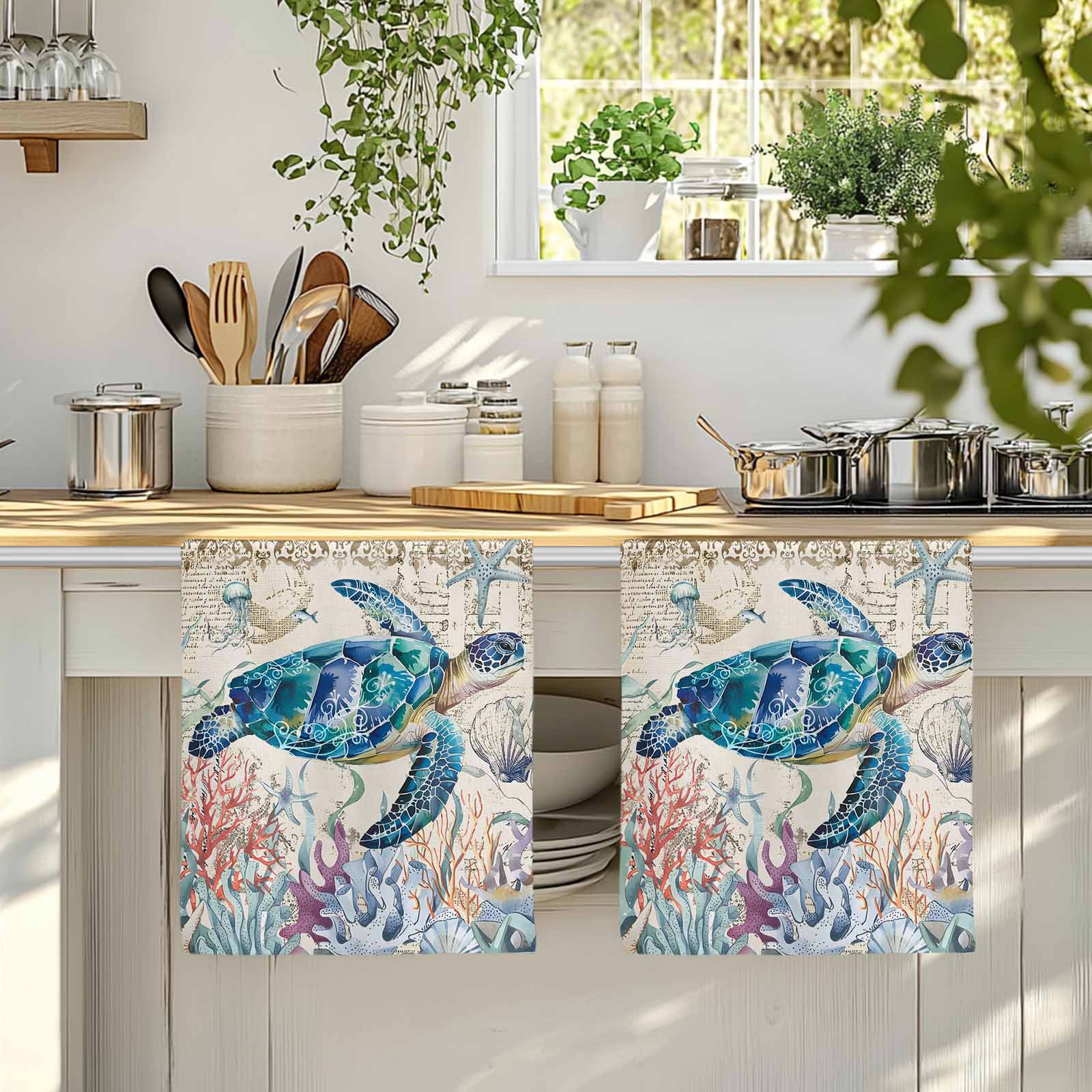 Dish Towels, Sea Turtle Absorbent Kitchen Towels 2 PCS, Vintage Ocean Coral Seagrass Microfiber Hand Towels Dish Cloths Tea Towels for Home&nbsp;Bathroom Cleaning Drying,18X28-Inch,