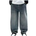 thumbnail image 2 of MKOSPLRT 5-15 Years Girls Fleece Jeans Elastic Wasit Distressed Jeans Baggy Wide Leg Jeans Retro Straight Leg Denim Pants with Pocket, 2 of 6