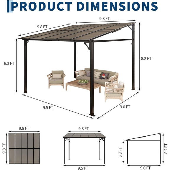 Acekid 10x10 FT Wall Mounted Gazebo, Aluminum Hardtop Lean to Pergola with Sloped Roof, Weather-Resistant Outdoor Canopy