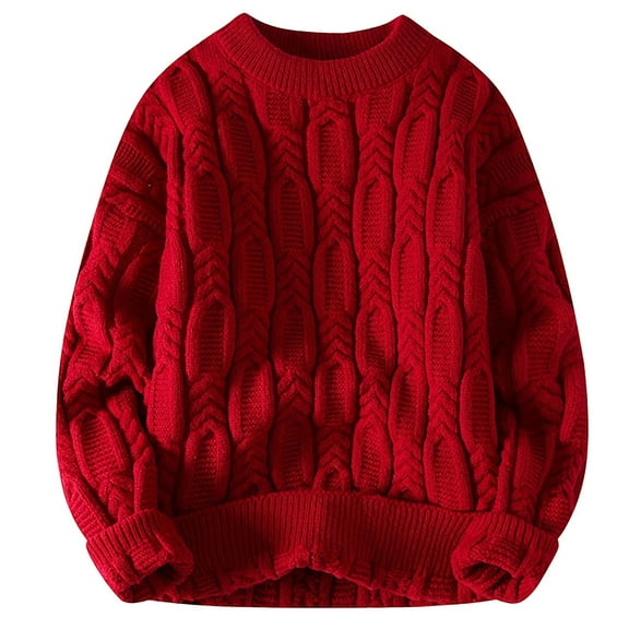 JTieacloth Long Sleeve Sweaters Men's Sweater Round Neck Loose Knit Sweater Lazy Thick Long Sleeved Pullover(Red)
