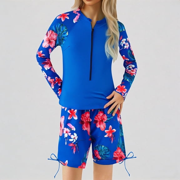 REDARER Girls 2-Piece Long Sleeve Swim Set â Tropical Floral Print, Half-Zip Neck, Adjustable Shorts for Beach Pool Summer Swimming,12-13 Years