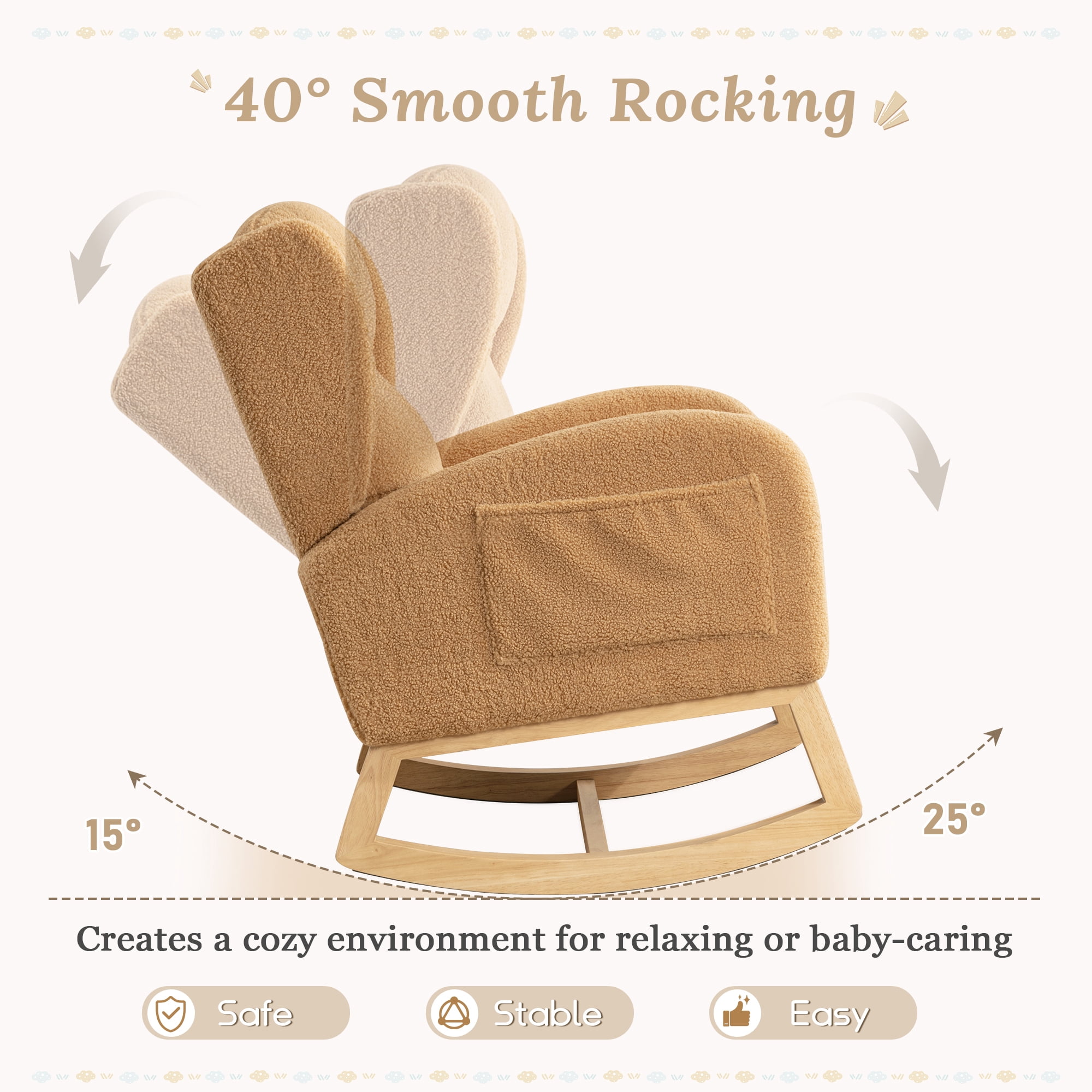 Muumblus Nursery Rocking Chair, Wingback Glider Rocker, Indoor Uphlostered Rocking Chair, Khaki Teddy