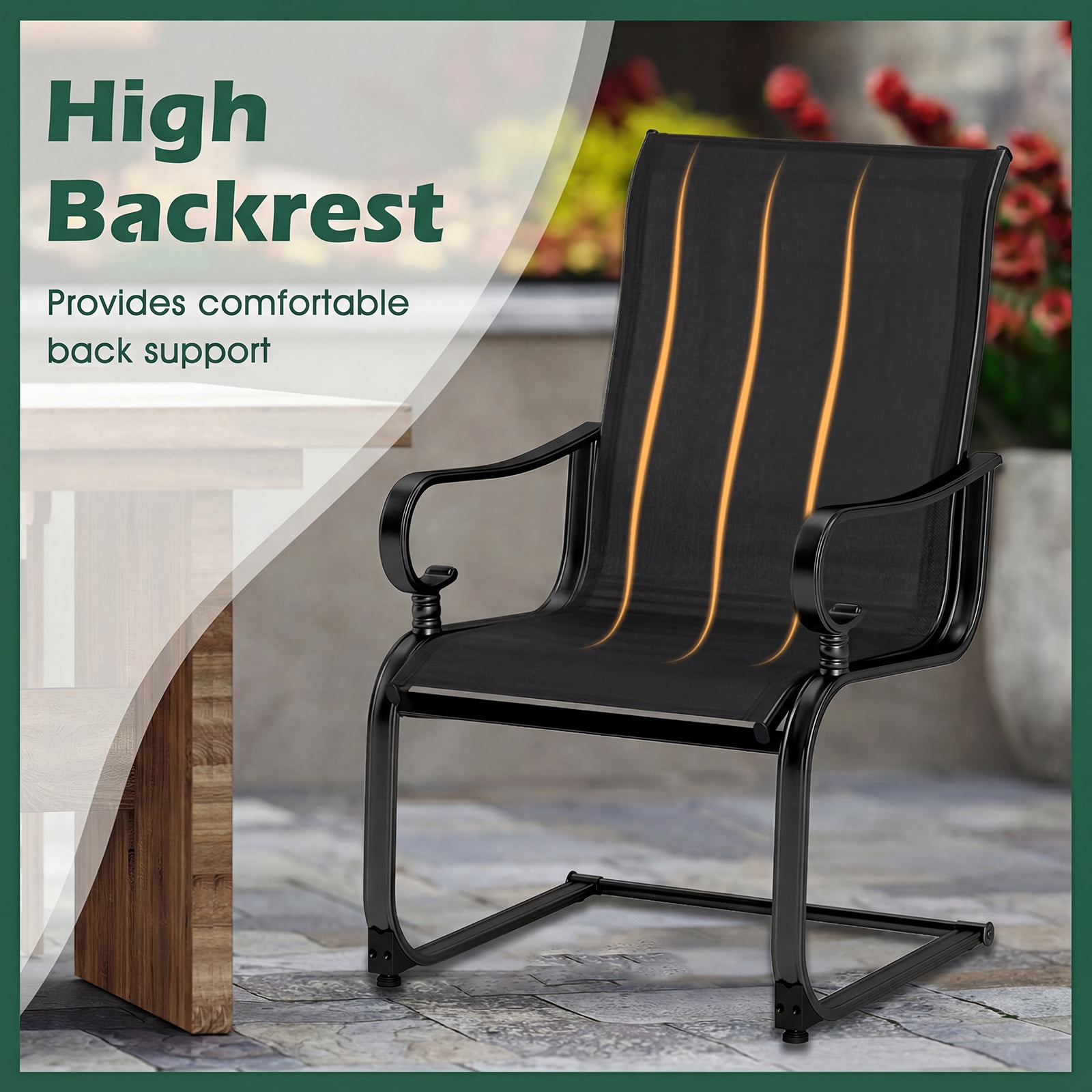 Costway Set of 2 Patio Chairs C-Spring Motion Chairs with Quick-drying & Breathable Fabric Black