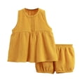 thumbnail image 2 of Toddler Girls Summer Outfits Cotton Linen Sleeveless Shirt with Buttons Tops Girls Outdoor Casual Shorts Set 2 Piece ﻿, 2 of 9