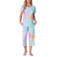 thumbnail image 1 of Conjunto de pijama para mujer INSPIRE CHIC, tie dye, de manga corta, pantalones capri con bolsillos, color naranja, 1 of 6