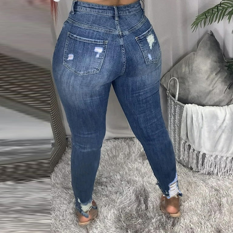 Kayannuo Pants for Women Jeans Fashion Back to School Clearance Women Slim  Washed Ripped Hole Gradient Long Jeans Denim Sexy Regular Pants Blue