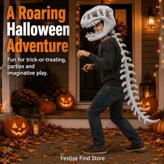 Festive Find Store Dinosaur Unisex Halloween Fancy-Dress Costumes with Cozy Plush, Skull and Spine for Adult