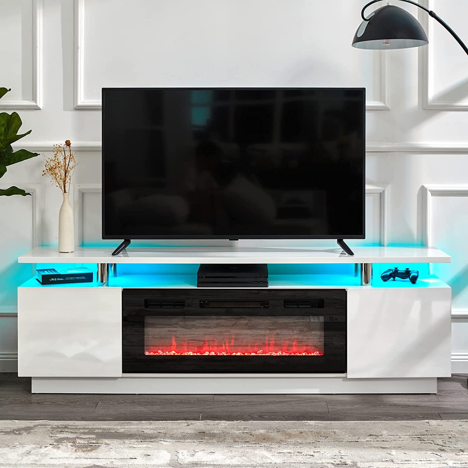 Amerlife Fireplace TV Stand with 36in Fireplace, 70in Modern High Gloss