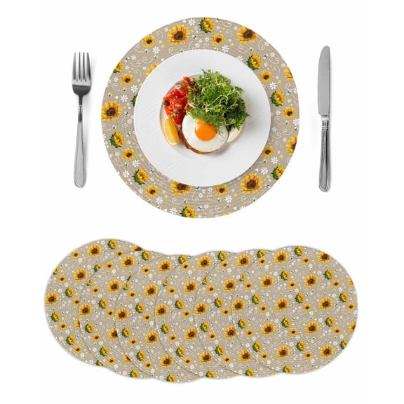 Brown Yellow Sunflower Round 13 Inch Placemats Set of 6, Summer Botanical Farmhouse Floral HeatResistant Non Slip Place Mats for Dining Table, Wipeable Braided Kitchen Table Mats for Housewarming