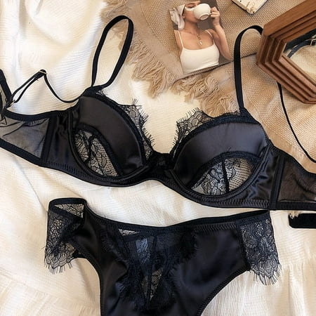 HHH New Lace Sexy Lingerie T-Shaped Panties Satin Stitching Transparent Tempting Sexy Bra Set French Bra