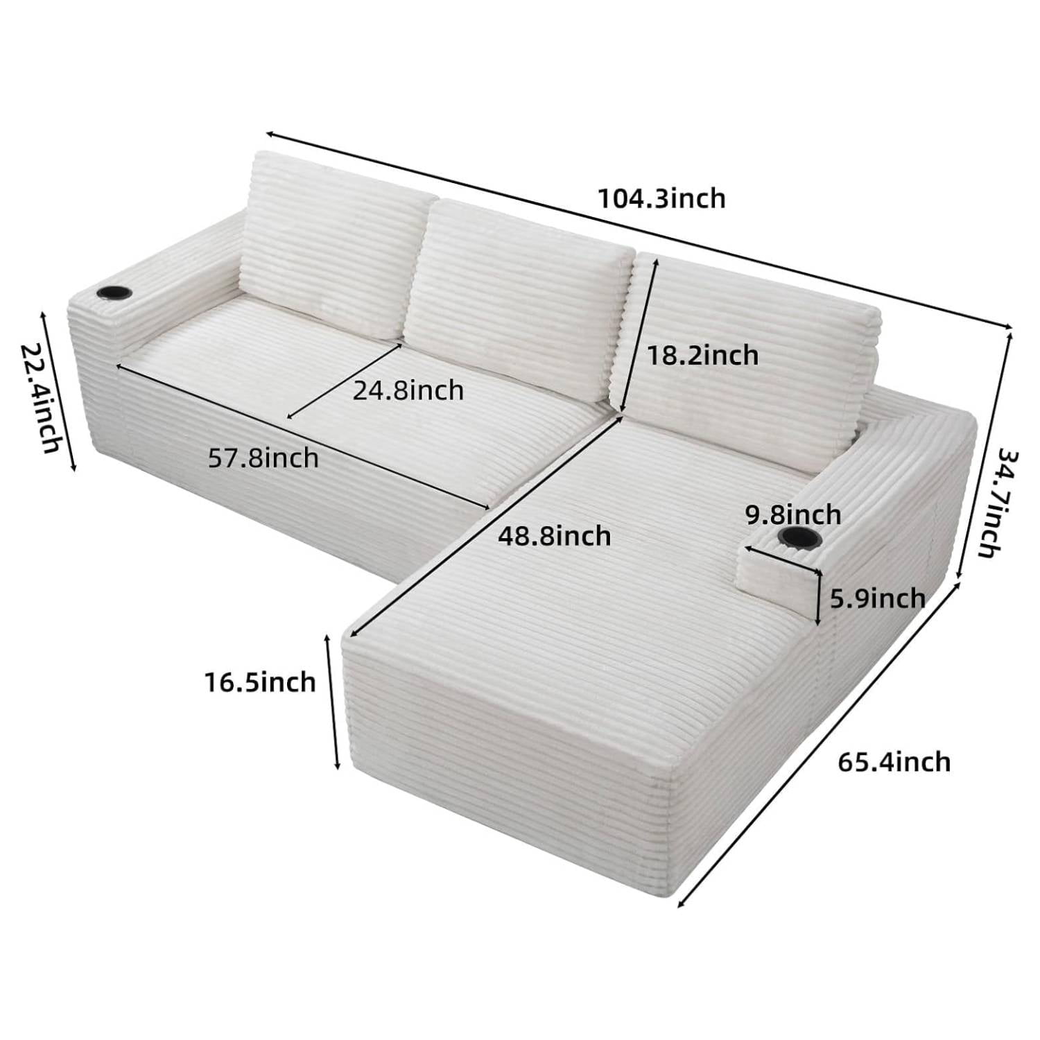 L-Shape Cloud Couch Cup Holders, Modular 104" Cloud Sectional Sofa Corduroy Boneless Sofa Couch with Chaise for Living Room, Cream