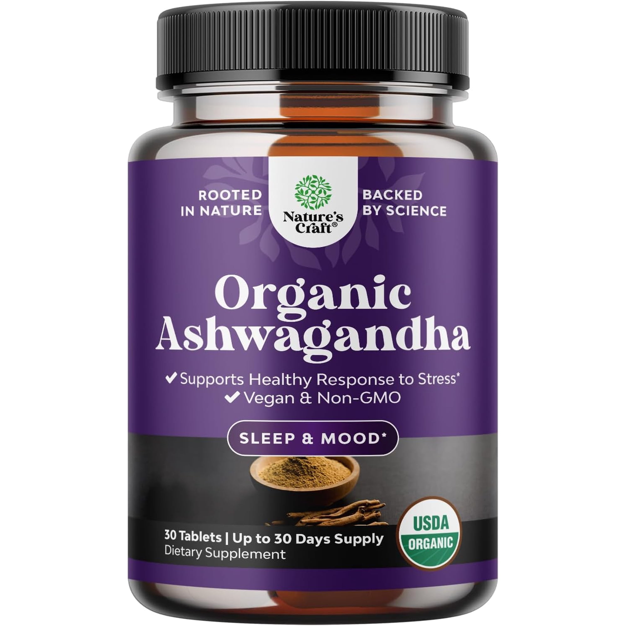 Natures Craft Organic Ashwagandha Mood Support Supplement with Black Pepper, 30 Tablets