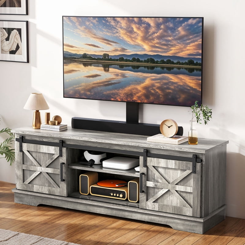Uforic Farmhouse TV Stand with Mount for 32-70" TVs, Media Console with Barn Doors, White
