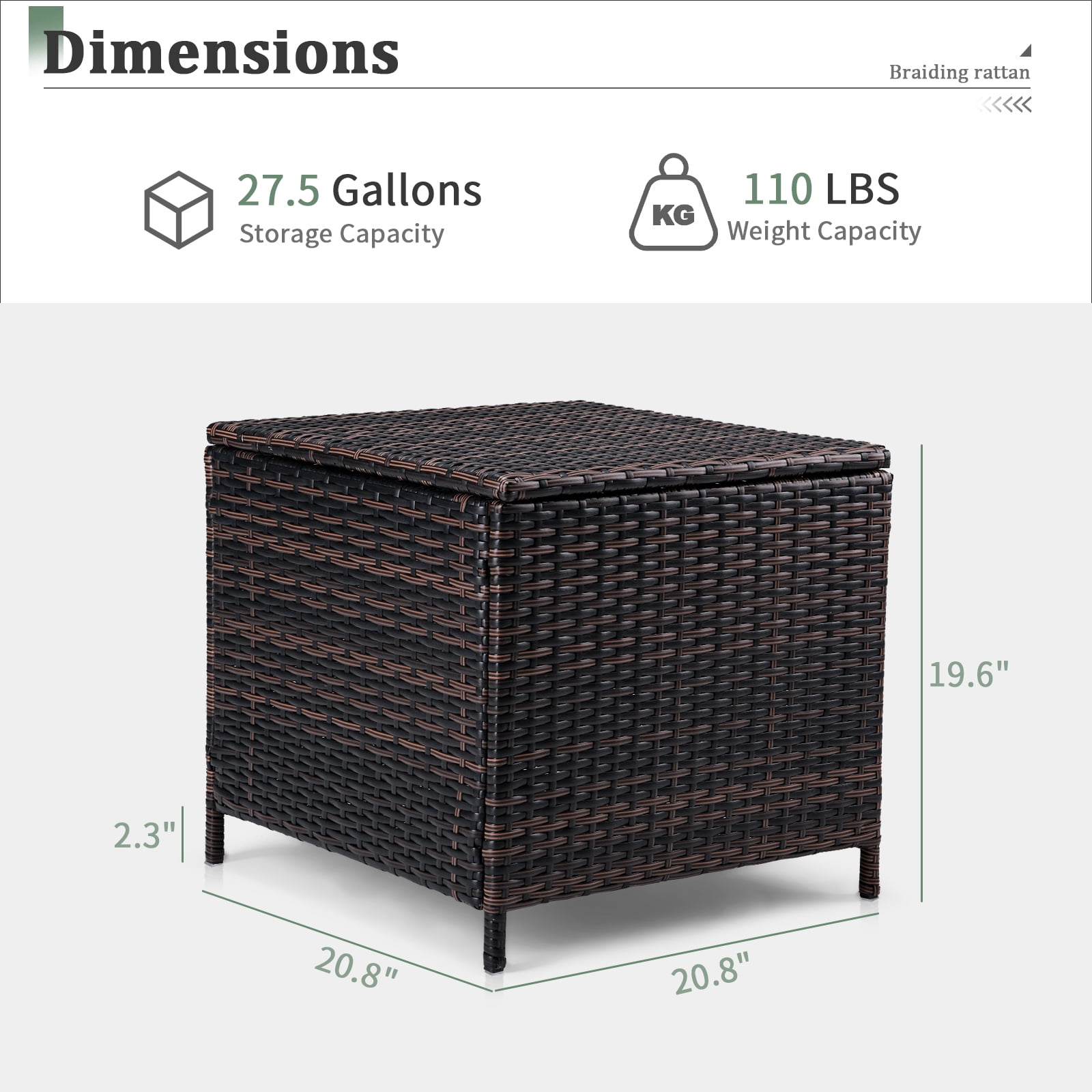 Brown Gradient Outdoor PE Rattan Storage Side Table 27 Gallon Weather Resistant Patio End Table Sturdy Iron Frame Multifunctional Garden Deck Accent Table With Lid