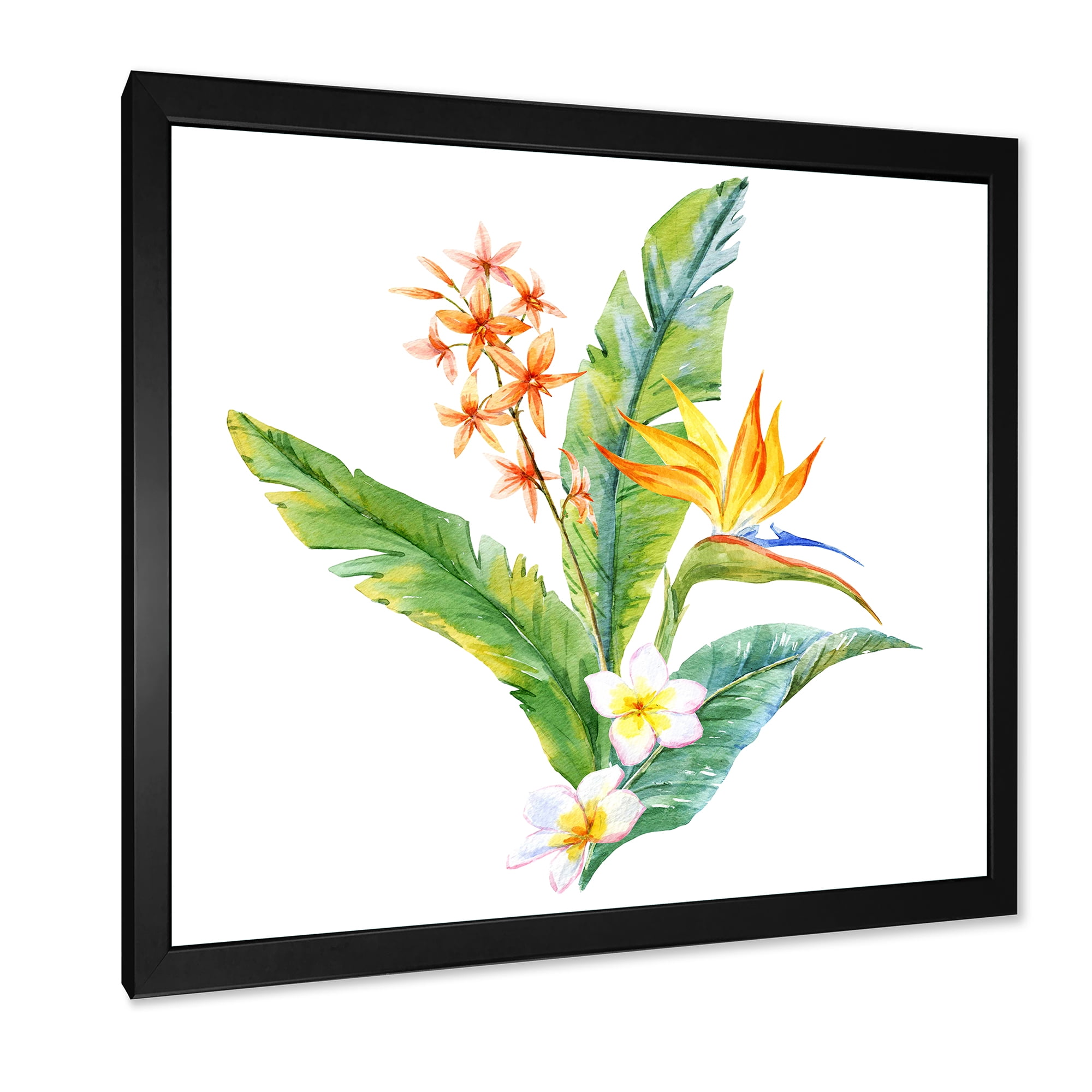 Designart 'Green Leaves With Tropical Yellow Flowers I' Traditional Framed Art Print