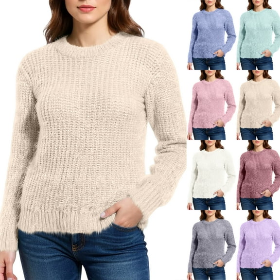Women's Mohair Blend Sweater Candy Color Crewneck Soft Knit Pullover (Blue, L)