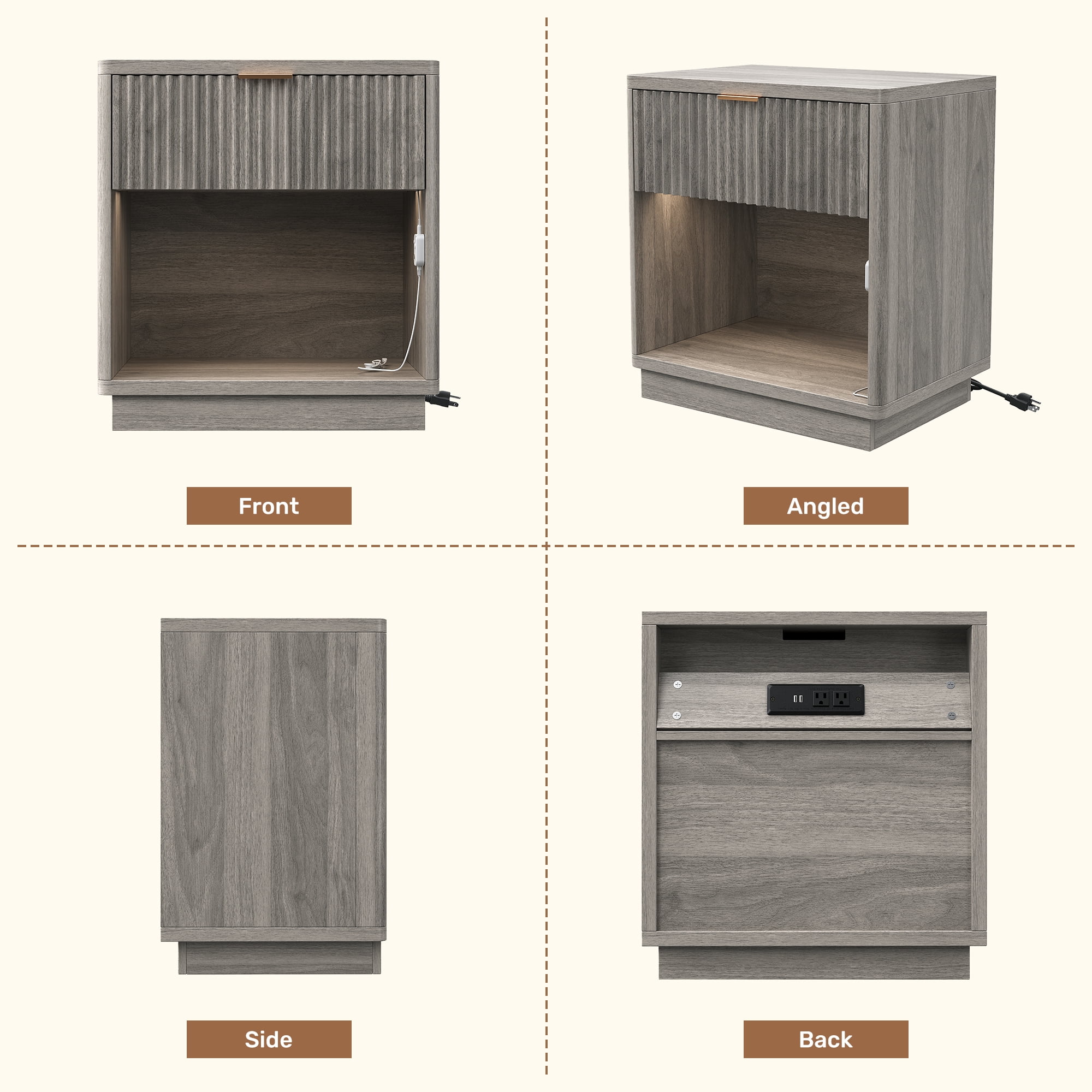 MOONMISS Wooden Nightstand Set of 3,with Drawer,USB Charging and LED Light,Grey