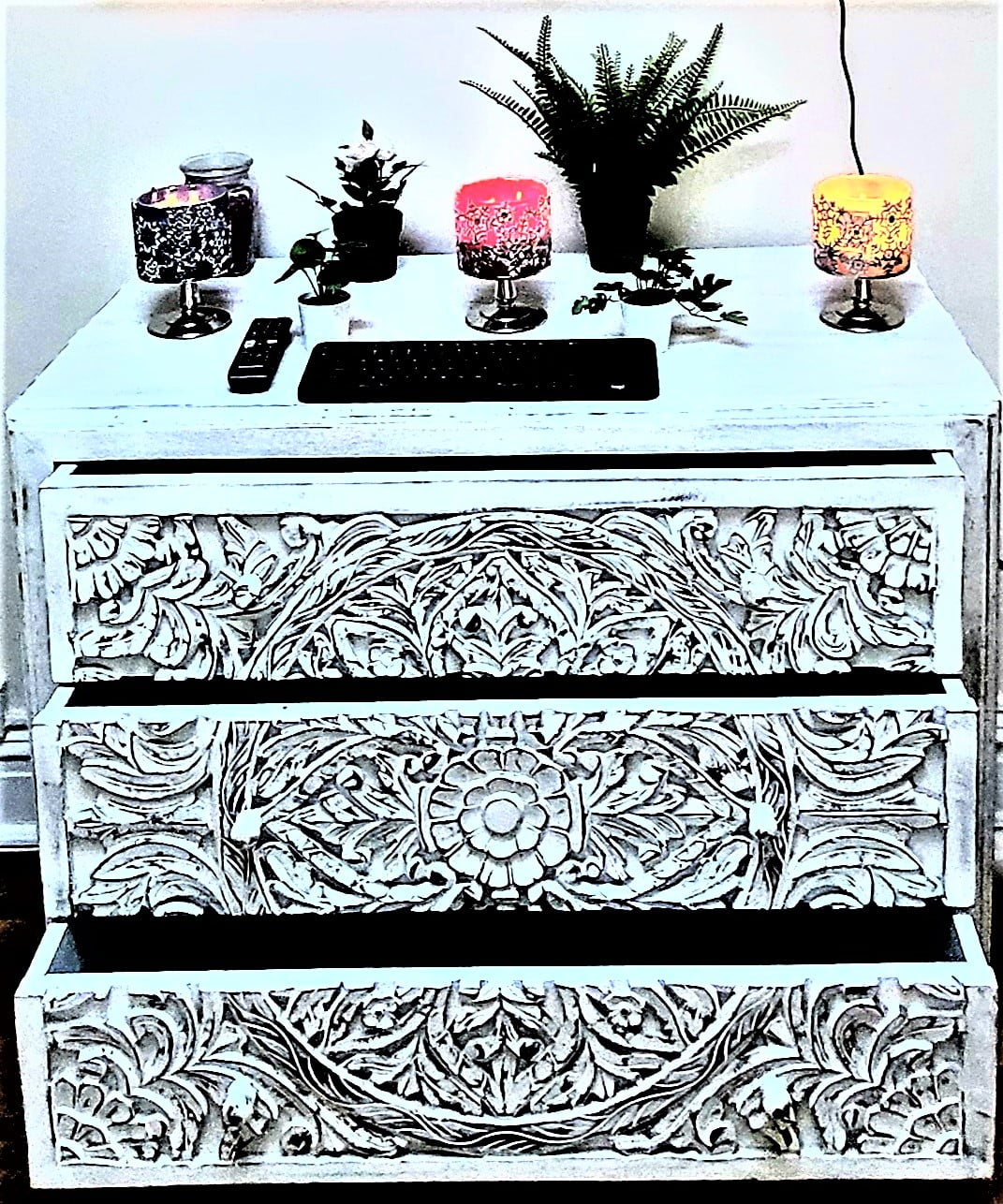 Lombok Hibashi ThreeDrawer Dresser/hand carved chest /black wooden